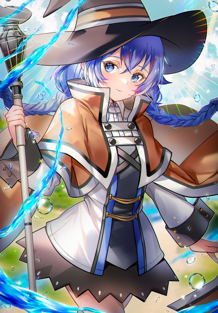 1girl blue_eyes blue_hair braid brown_cape brown_capelet bubble cape capelet commission crossed_bangs dress ekm emphasis_lines eyelashes hair_between_eyes hat highres holding holding_staff hydrokinesis long_sleeves looking_at_viewer mage_staff mushoku_tensei outdoors roxy_migurdia skeb_commission smile solo staff twin_braids water white_dress witch_hat