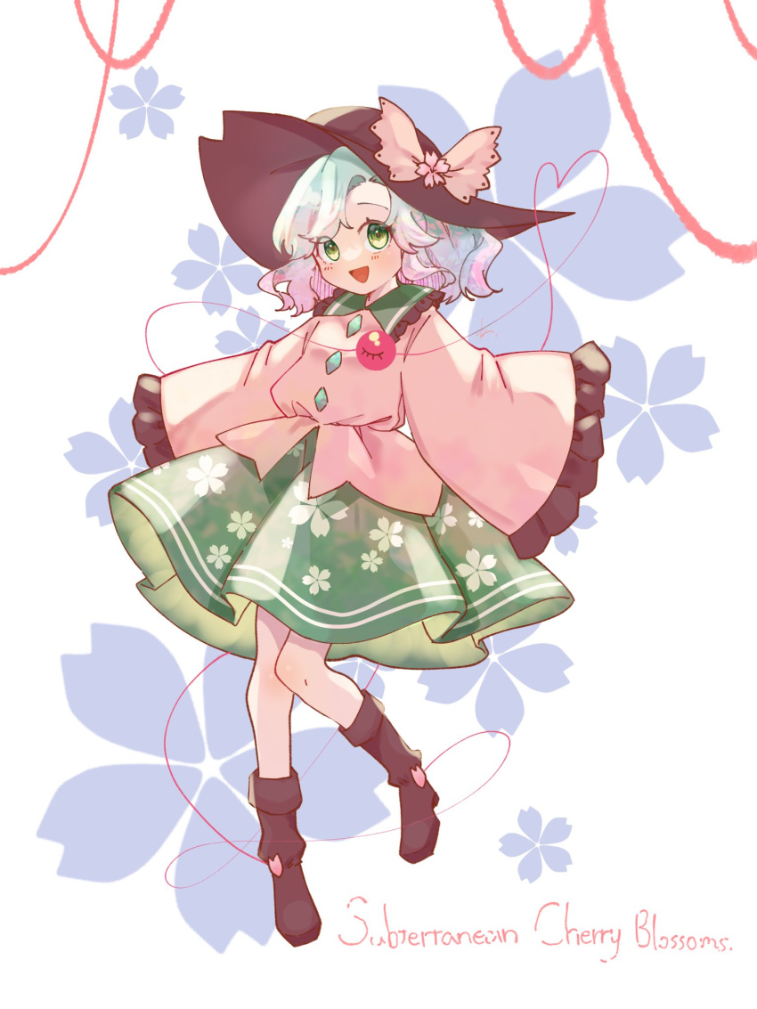 1girl :d black_footwear black_headwear blouse blush boots bow buttons commentary diamond_button floral_print frilled_shirt_collar frilled_sleeves frills full_body green_eyes green_hair green_skirt hat hat_bow heart heart_of_string highres komeiji_koishi komori_(komo_ricecake) long_sleeves looking_at_viewer medium_hair open_mouth shirt skirt smile solo third_eye touhou wide_sleeves yellow_bow