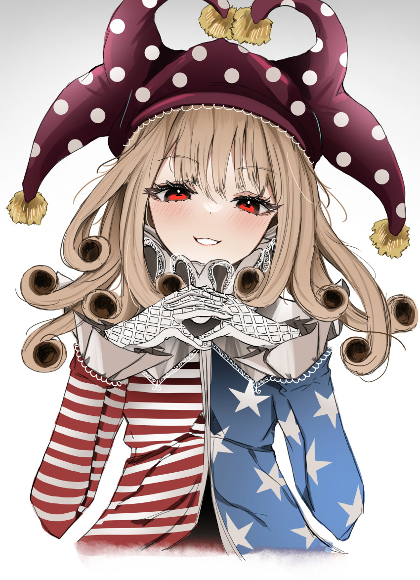 1girl absurdres american_flag_dress blonde_hair clownpiece commentary dress hat highres jester_cap long_hair long_sleeves looking_at_viewer open_mouth ougiikun polka_dot polka_dot_headwear red_eyes red_headwear simple_background smile solo star_(symbol) star_print striped striped_dress touhou upper_body white_background