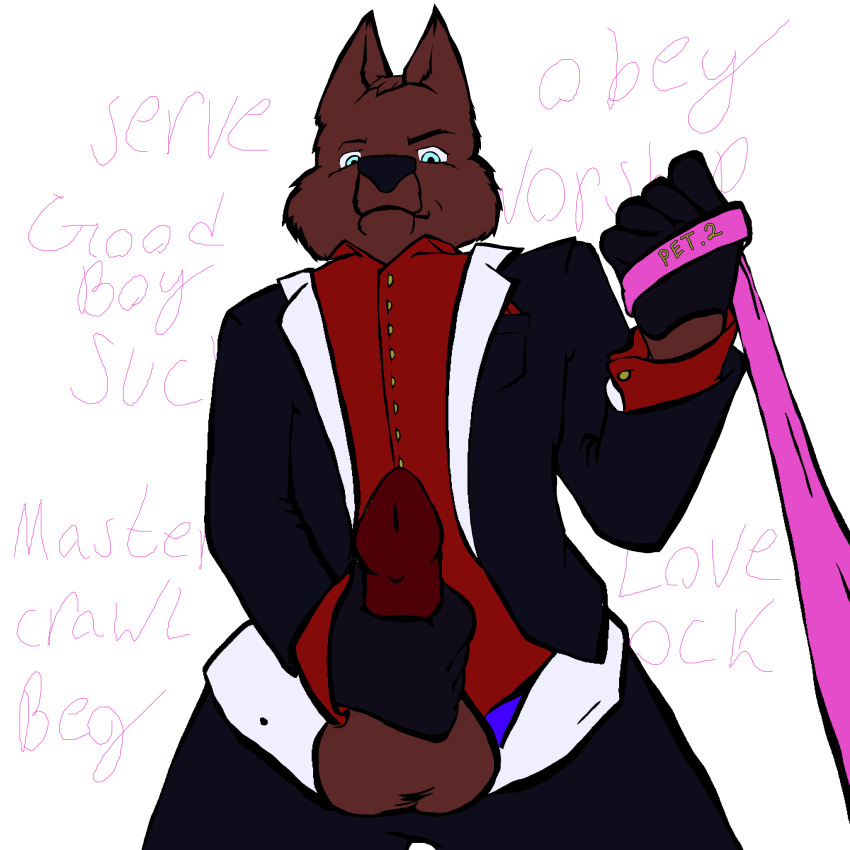 absurd_res anthro biohound canid clothing dress_shirt fan_character first_person_view genitals hi_res hypnotizing_viewer leash leashed_pov low-angle_view male male/male mammal master penis shirt solo submissive submissive_pov suit text topwear