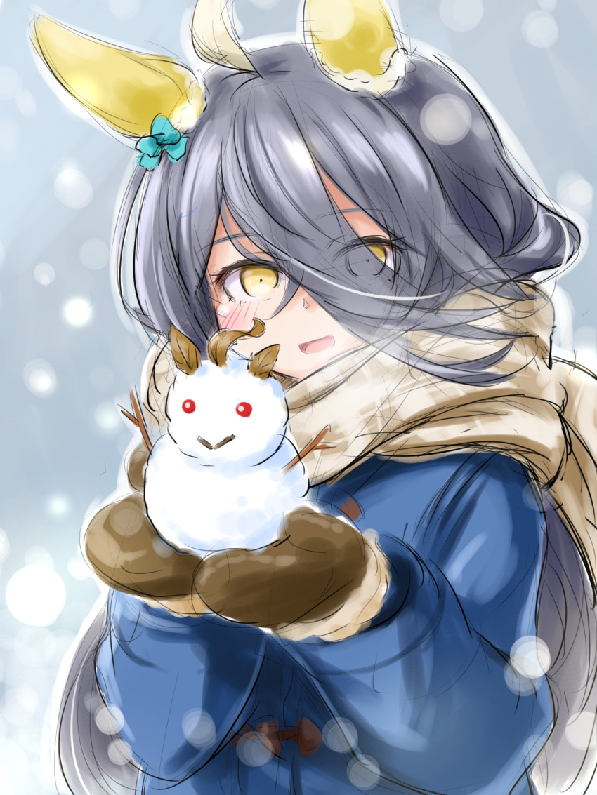 1girl ahoge animal_ears black_hair blue_coat blush breath coat eyes_visible_through_hair hands_up highres horse_ears long_hair long_sleeves manhattan_cafe_(umamusume) mittens multicolored_hair open_mouth punto scarf sketch smile snow snowman solo streaked_hair umamusume upper_body yellow_eyes