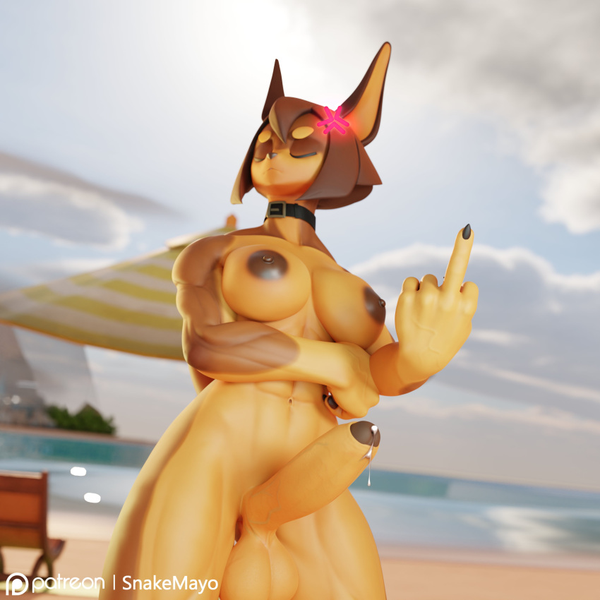1:1 2023 3d_(artwork) abs absurd_res angry anthro athletic athletic_gynomorph athletic_intersex balls beach big_balls bodily_fluids breasts brown_body brown_fur brown_hair canid canine canis collar cross-popping_vein digital_media_(artwork) dobermann dog_knight_rpg domestic_dog eyes_closed fur genital_fluids genitals gesture gynomorph hair hi_res humanoid_genitalia humanoid_penis intersex leaking_penis leaking_precum mammal middle_finger multicolored_body multicolored_fur muscular muscular_anthro muscular_gynomorph muscular_intersex muscular_thighs navel nipples nude penis pinscher precum rory_(ceehaz) seaside snakemayo solo two_tone_body two_tone_fur
