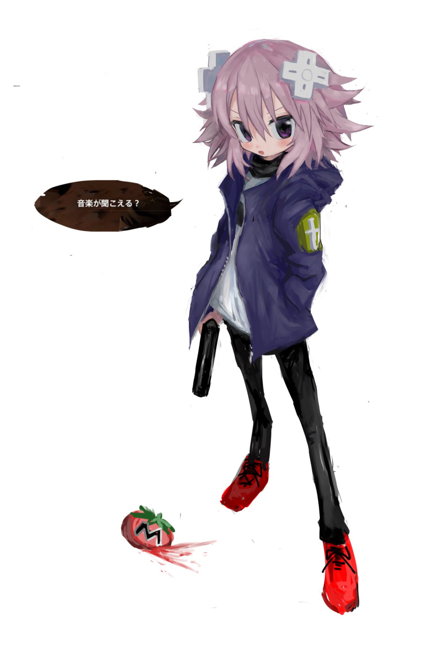 1girl alternate_costume black_pants blue_jacket d-pad d-pad_hair_ornament full_body gun hair_ornament hand_in_pocket handgun highres holding holding_gun holding_weapon hood hood_down hooded_jacket jacket kirby_(series) long_sleeves looking_at_viewer maxim_tomato medium_hair messy_hair neptune_(neptune_series) neptune_(series) open_clothes open_jacket open_mouth pants purple_eyes purple_hair red_footwear reitoubeef shirt shoes simple_background sneakers solo speech_bubble standing translation_request turtleneck v-shaped_eyebrows weapon white_background white_shirt