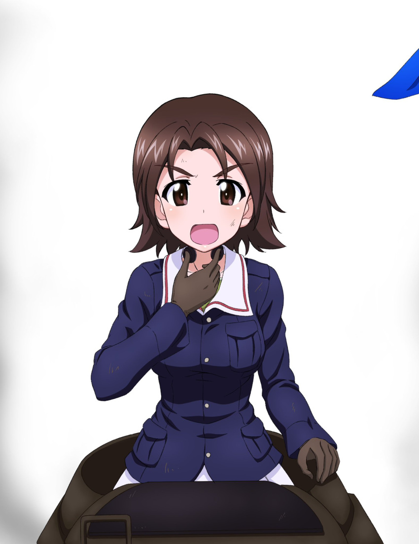 1girl blush breasts brown_eyes brown_hair girls_und_panzer highres key_(gaigaigai123) large_breasts looking_at_viewer military_uniform ooarai_military_uniform open_mouth sawa_azusa short_hair simple_background solo uniform white_background