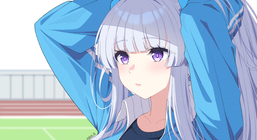 1girl adjusting_hair arms_up blue_archive blue_jacket blurry blurry_background blush closed_mouth collarbone commentary grey_hair highres jacket lips long_hair long_sleeves noa_(blue_archive) portrait purple_eyes reia_76 solo track_jacket twitter_username