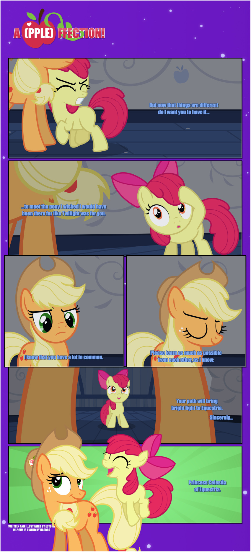 absurd_res accessory apple_bloom_(mlp) applejack_(mlp) black_border border bow_ribbon brooch character_narrating clenched_teeth clothing cutie_mark dialogue duo ears_up earth_pony equid equine estories eyes_closed female feral friendship_is_magic frown hair_accessory hair_bow hair_ribbon hallway happy hasbro hat hat_ornament headgear headwear hi_res hooves horse inside jumping mammal my_little_pony night night_time offscreen_character pony raised_hoof ribbons sibling_(lore) sister_(lore) sisters_(lore) smile stern stern_look sweet_apple_acres teeth wallpaper_(decoration) wide_eyed