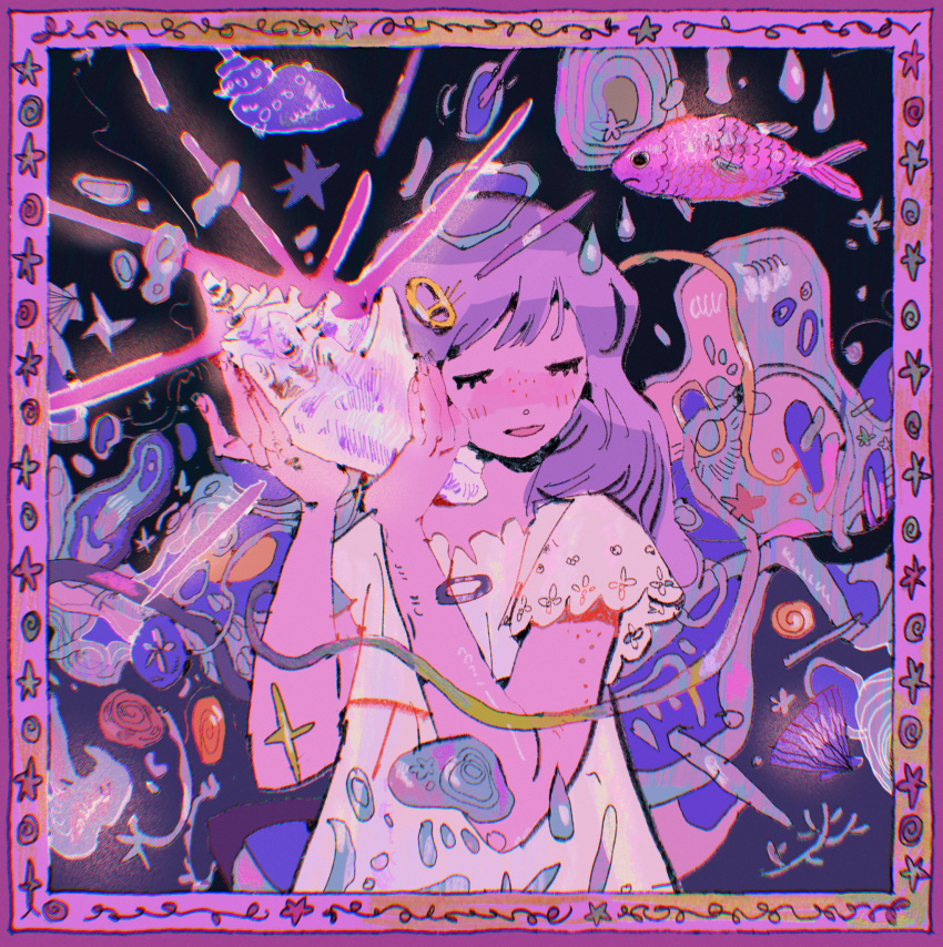 1girl border closed_eyes commentary conch dress english_commentary fish hair_ornament highres holding holding_shell long_hair original procreate_(medium) purple_hair seashell shell short_sleeves solo soupandcats star_(symbol) upper_body white_dress