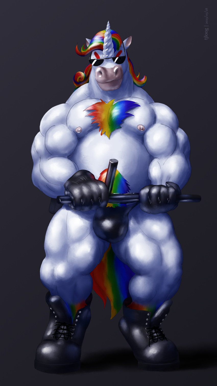 absurd_res anthro baton belly belt biceps black_leather blue_lighting body_hair boots bouncer chest_tuft clothing club_(weapon) equid equine eyebrows eyewear footwear fur glimmerstomp gloves grey_background handwear happy_trail hi_res holster horn leather leather_thong male mammal mane melee_weapon multicolored_body multicolored_fur multicolored_mane multicolored_tail musclegut muscular nightstick nipples pecs pink_nipples rainbow_body rainbow_fur rainbow_mane rainbow_tail red_eyebrows security_guard simple_background solo sunglasses tail thong tjloog tuft underwear unicorn weapon white_body white_fur