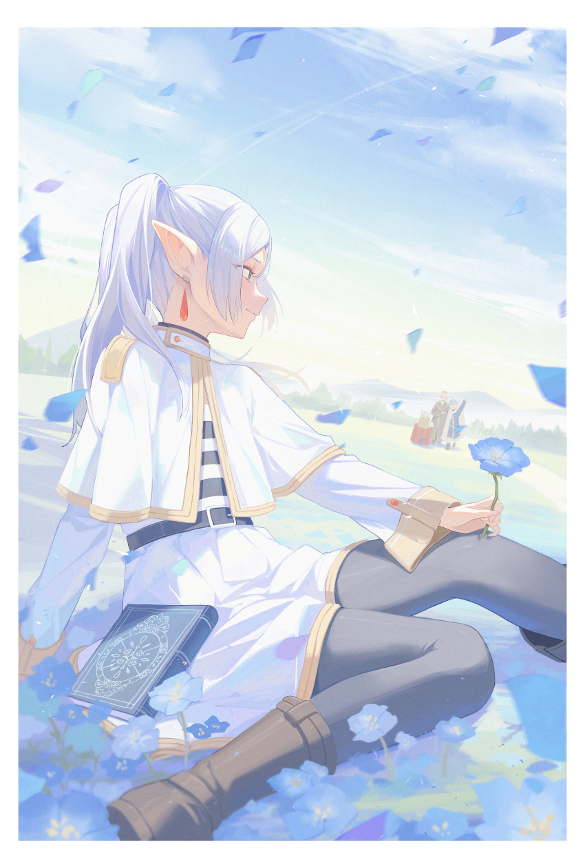 1girl 3boys absurdres belt book boots brown_footwear capelet cloud cropped_legs earrings eisen_(sousou_no_frieren) elf falling_petals field flower flower_field frieren green_eyes heiter highres himmel_(sousou_no_frieren) holding holding_flower jewelry light_smile long_hair midori_xu multiple_boys parted_bangs petals pointy_ears robe sidelocks sitting sky sousou_no_frieren twintails white_capelet white_hair white_robe