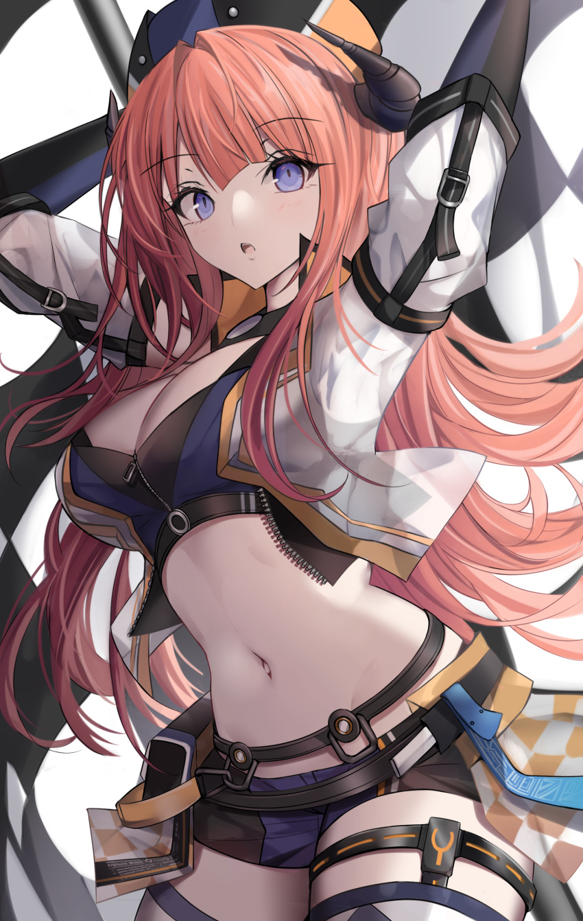 1girl :o absurdres arknights arms_up bagpipe_(arknights) bagpipe_(queen_no._1)_(arknights) blue_shorts breasts cleavage commentary_request cowboy_shot crop_top hat highres horns large_breasts long_hair looking_at_viewer midriff navel official_alternate_costume open_mouth orange_hair pouch purple_eyes short_shorts shorts solo standing stomach stratoz thigh_strap thighs very_long_hair