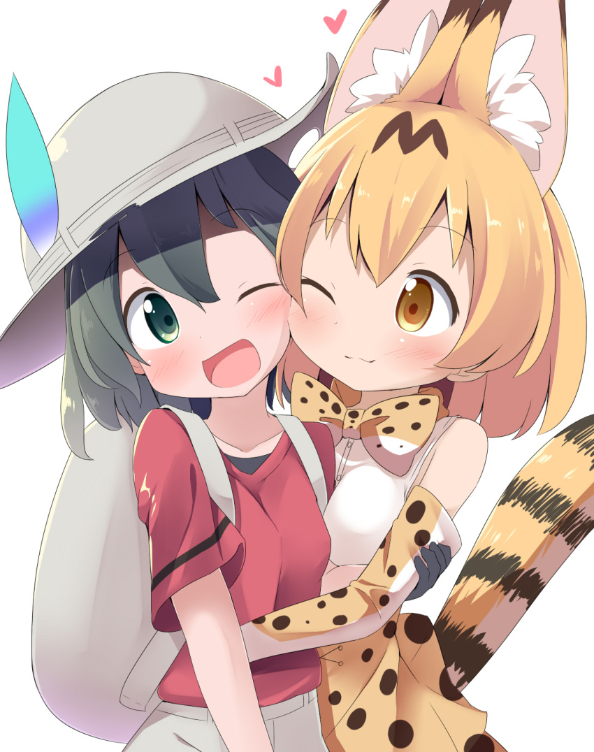 backpack blush bottomwear bow_tie clothing duo embrace feathers felid feline female female/female gloves handwear hat headgear headwear hi_res hug human kaban-chan kemono_friends makuran mammal serval serval-chan skirt tail_under_skirt