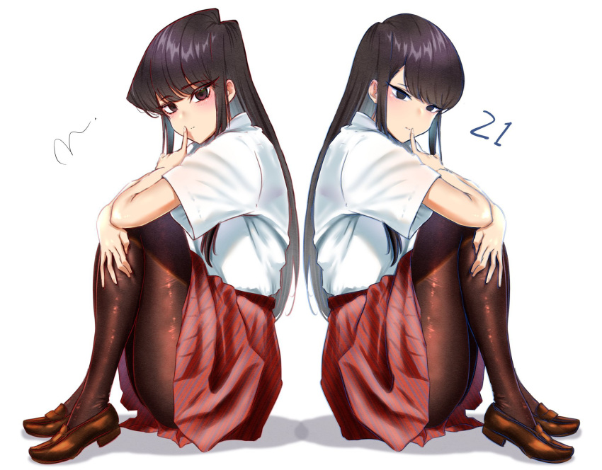 2girls arms_on_knees black_eyes black_hair black_pantyhose brown_eyes brown_footwear dress_shirt finger_to_mouth highres index_finger_raised itan_private_high_school_uniform knees_up komi-san_wa_komyushou_desu komi_shouko loafers long_hair looking_at_viewer mitsugu multiple_girls multiple_persona pantyhose school_uniform shirt shoes sitting skirt striped striped_skirt white_background white_shirt