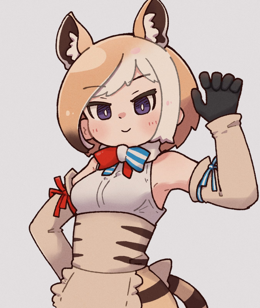 1girl animal_ears apron back_bow bare_shoulders black_gloves blue_bow blue_bowtie blush bow bowtie brown_apron brown_sleeves commentary_request cowboy_shot detached_sleeves extra_ears frilled_apron frills gloves highres kemono_friends light_brown_hair multicolored_hair purple_eyes red_bow red_bowtie shirt skirt sleeveless smile solo sorairo_meronpan striped striped_bow striped_bowtie striped_skirt tail tasmanian_tiger_(kemono_friends) two-tone_bowtie two-tone_hair white_bow white_bowtie white_hair white_shirt