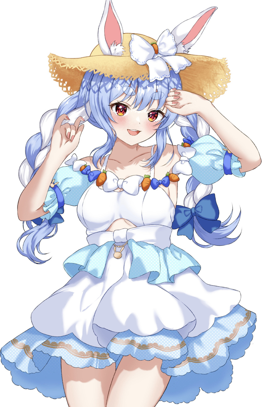 1girl absurdres animal_ear_fluff animal_ears blue_dress blue_hair blush braid breasts carrot_hair_ornament dress food-themed_hair_ornament hair_ornament highres hololive long_hair looking_at_viewer medium_breasts multicolored_hair open_mouth rabbit-shaped_pupils rabbit_ears rabbit_girl red_eyes rinkaa_(lovelive765pro2) short_eyebrows simple_background smile solo symbol-shaped_pupils thick_eyebrows twin_braids two-tone_dress two-tone_hair usada_pekora virtual_youtuber white_dress white_hair