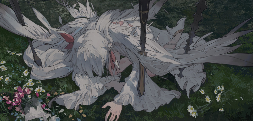 absurdres chocolate_(jitong) dress flower grass head_down high_heels highres long_hair long_sleeves on_ground original outdoors pierced_wings pinned polearm spear weapon white_dress white_footwear white_hair
