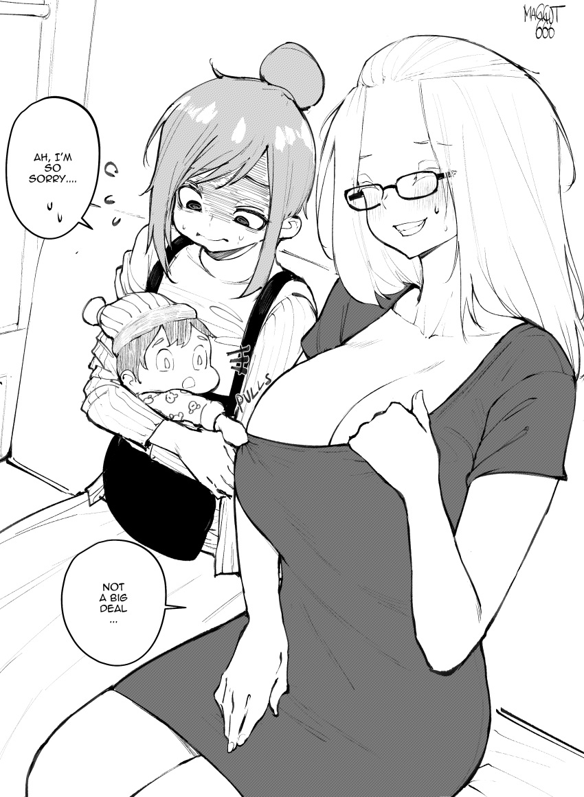 2girls absurdres artist_name baby bangs_pinned_back breast_awe breasts cleavage closed_eyes clothes_pull collarbone dress dress_pull embarrassed english_text folded_hair forehead glasses greyscale grin hair_pulled_back hand_on_own_chest highres huge_breasts inne_sulistya_robin long_hair monochrome mother_and_child multiple_girls norman_maggot original pencil_dress pulled_by_another scoop_neck short_sleeves sitting smile speech_bubble