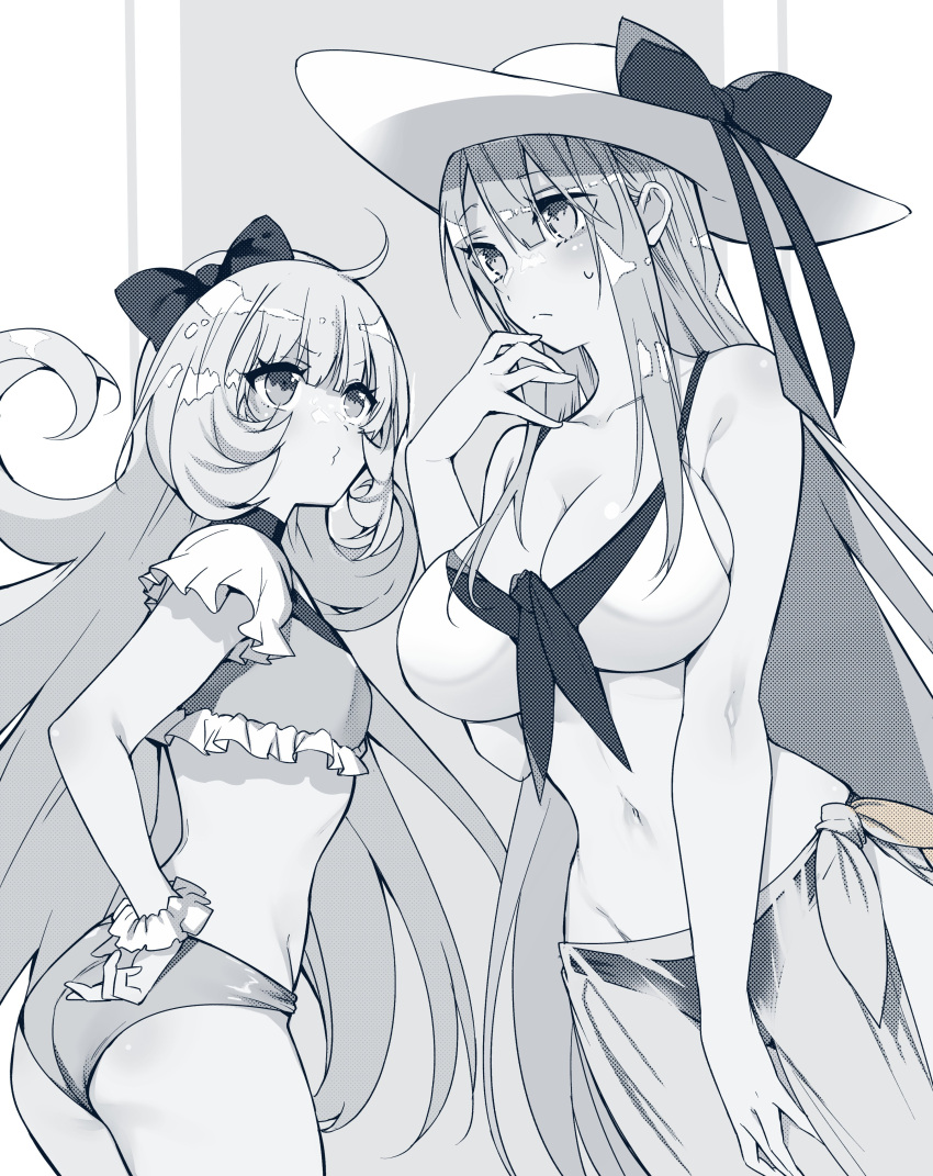 2girls absurdres ass bikini blush bow bracelet breast_envy breasts cleavage flat_chest frilled_bikini frills frown greyscale groin hair_behind_ear hair_bow hat hat_bow highres jewelry large_breasts long_hair looking_up marie_fou_lovan monochrome multiple_girls mylene_rafa_holfort otome_gee_sekai_wa_mob_ni_kibishii_sekai_desu pout shiosato_jun skirt sun_hat swimsuit very_long_hair