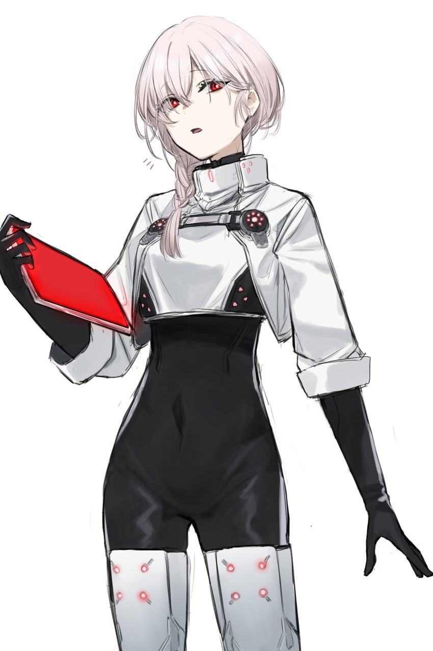 1girl absurdres armored_core armored_core_6 ayre_(armored_core_6) black_bodysuit black_gloves bodysuit boots braid braided_ponytail breasts commentary_request covered_navel cowboy_shot crop_top elbow_gloves ganesagi gloves hair_between_eyes highres holding holding_tablet_pc long_hair long_sleeves looking_to_the_side medium_breasts open_mouth pink_hair red_eyes simple_background sleeves_rolled_up solo tablet_pc thigh_boots white_background