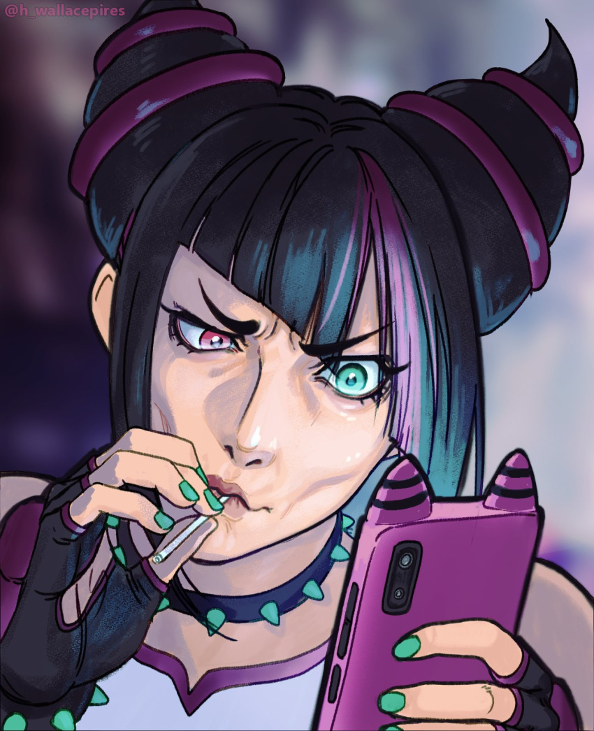 1girl black_gloves black_hair cellphone choker diagonal_bangs fingerless_gloves gloves green_eyes green_nails hair_horns han_juri heterochromia highres holding holding_phone looking_at_phone multicolored_hair phone portrait purple_hair red_eyes shirt smartphone solo spiked_choker spikes street_fighter two-tone_hair wallace_pires white_shirt