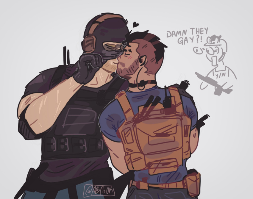 0_0 3boys abcisok bara beard_stubble blonde_hair blush bulletproof_vest call_of_duty call_of_duty:_modern_warfare_2 closed_eyes couple english_text ghost_(modern_warfare_2) gloves heart highres kiss male_focus mask mask_pull mature_male multiple_boys muscular muscular_male mustache_stubble short_hair sideburns skull_mask soap_(modern_warfare_2) surprised upper_body yaoi