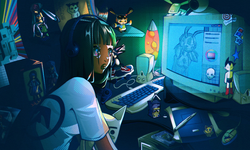 1girl atom_(tetsuwan_atom) black_hair blunt_bangs dark-skinned_female dark_skin gab_(gabellament) glowing halftone highres juice_box keyboard_(computer) lava_lamp long_hair monitor original print_shirt shirt short_sleeves solo sticker tetsuwan_atom upper_body white_shirt