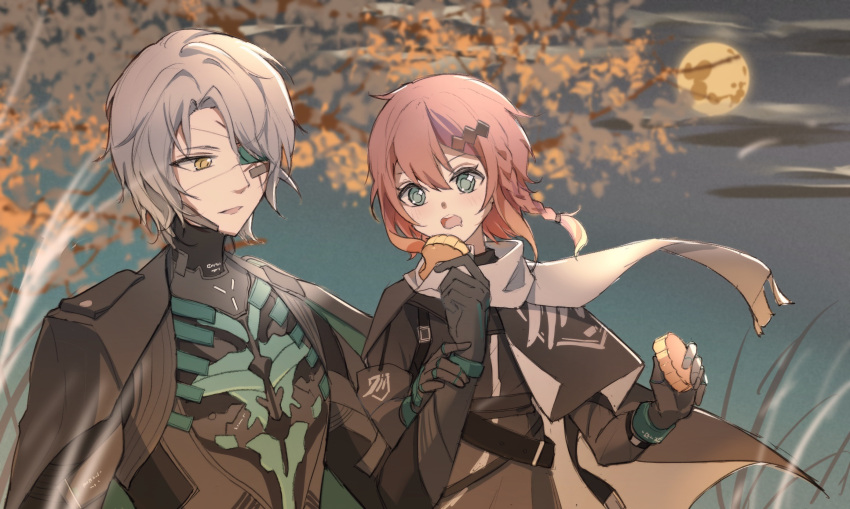 1boy 1girl autumn_leaves bandaid bandaid_on_face black_cape black_shirt blush bracelet braided_sidelock branch cape chinese_commentary cloud commandant_(punishing:_gray_raven) commentary cyborg drooling eating emblem eyepatch feeding food full_moon grass green_eyes grey_hair hair_between_eyes hair_over_one_eye highres holding holding_another's_wrist holding_food jewelry looking_at_food matching_accessory mechanical_parts medium_hair mid-autumn_festival moon mooncake mouth_drool one_eye_covered open_mouth punishing:_gray_raven qinling_qiufeng red_hair scar scar_across_eye scar_on_face scarf shirt short_hair sparkling_eyes tall_grass teeth tree two-sided_fabric upper_body upper_teeth_only watanabe:_epitaph_(punishing:_gray_raven) watanabe_(punishing:_gray_raven) white_scarf yellow_eyes yellow_moon
