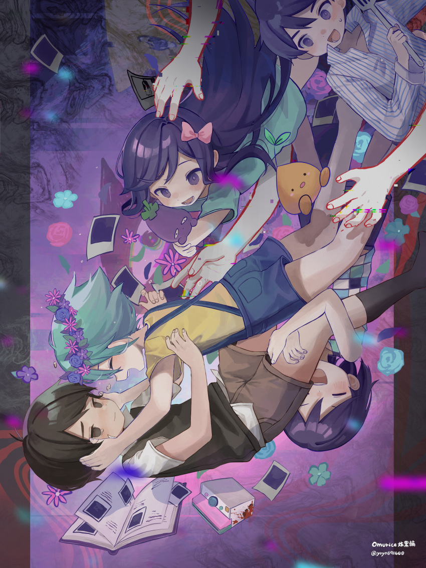 1girl 4boys :d ^_^ absurdres aqua_flower artist_name aubrey_(omori) basil_(omori) black_eyes black_hair black_socks black_vest blue_flower blue_shorts blush book bow brown_shorts camera closed_eyes closed_mouth collared_shirt commentary_request denim denim_shorts disembodied_limb dress english_commentary flower flower_wreath glitch green_dress green_flower green_hair hair_between_eyes hair_bow hand_up hands_on_another's_cheeks hands_on_another's_face head_wreath hero_(omori) highres holding holding_spatula holding_stuffed_toy hugging_another's_leg kel_(omori) kneehighs long_hair long_sleeves looking_at_another medium_hair mixed-language_commentary mr._plantegg_(omori) multicolored_background multicolored_clothes multicolored_shirt multiple_boys omori omurice_(roza4957) open_book open_mouth pajamas parted_bangs photo_(object) pink_bow pink_flower popped_collar purple_background purple_eyes purple_flower shirt short_hair short_sleeves shorts simple_background sleeveless sleeveless_shirt smile socks solid_circle_eyes spatula sprout_mole striped striped_shirt stuffed_toy sunny_(omori) suspender_shorts suspenders sweatdrop swept_bangs tearing_up teeth twitter_username upper_teeth_only upside-down vertical-striped_shirt vertical_stripes vest white_shirt wide-eyed yellow_shirt