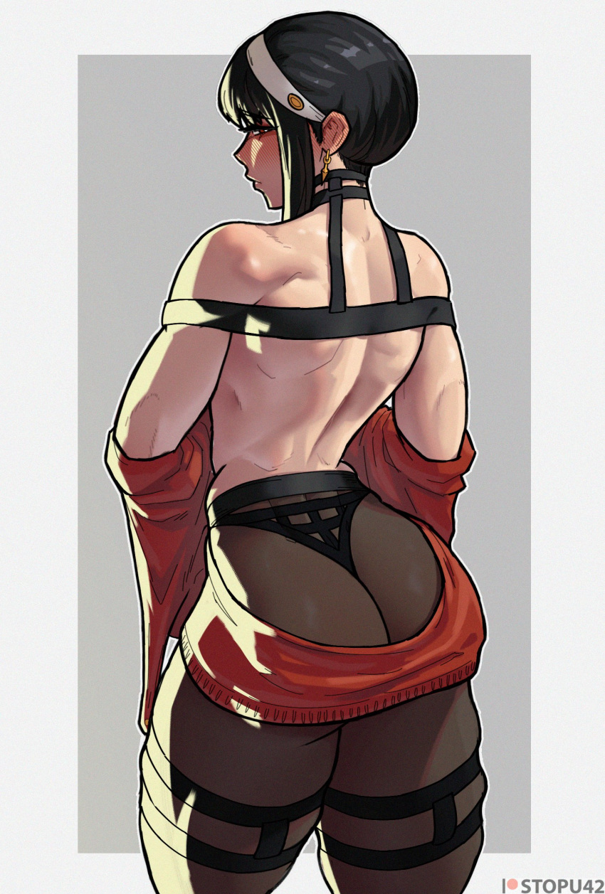1girl ass back backless_outfit black_hair blush earrings hairband highres huge_ass jewelry long_bangs muscular muscular_female pantyhose red_eyes signature spy_x_family stopu sweater thighhighs toned undressing yor_briar