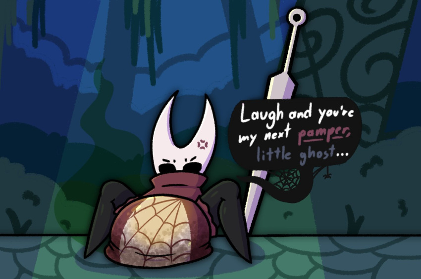 angry anthro arthropod cross-popping_vein dialogue diaper diapergryph english_text feces female full_diaper hair hollow_knight hornet_(hollow_knight) insect messy_diaper messy_hair scat sitting smelly soiled soiled_diaper soiling solo spread_legs spreading stink_fumes team_cherry text