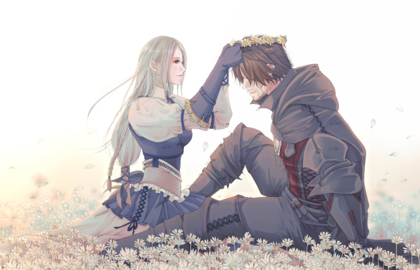 1boy 1girl blue_vest braid cape clive_rosfield couple field final_fantasy final_fantasy_xvi flower flower_field gloves grey_hair head_wreath highres hood hooded_cape jill_warrick leather_vest long_hair long_skirt looking_at_another low-tied_long_hair mixmomo_yah scar scar_on_face single_braid single_glove sitting skirt smile vest