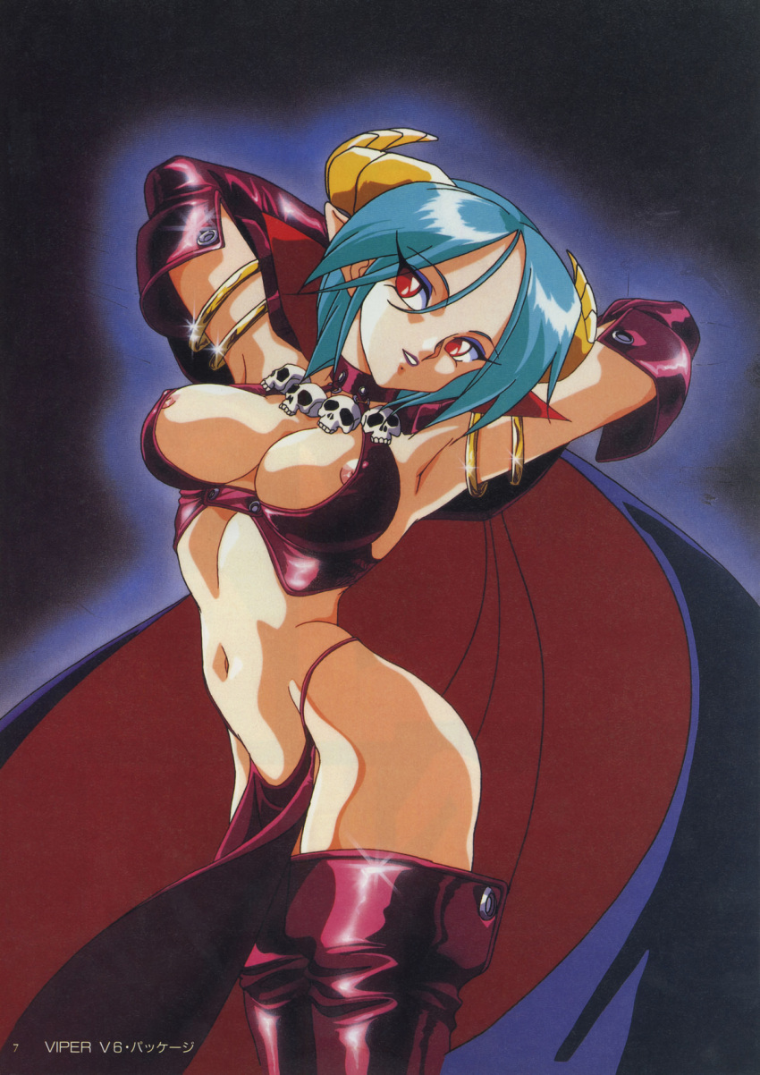 1girl arched_back arms_behind_head artist_request boots breasts carrera cleavage demon_girl green_hair highleg highres horns medium_breasts navel nipple_slip nipples non-web_source official_art parted_lips pelvic_curtain red_eyes scan solo thighhighs viper viper_gts