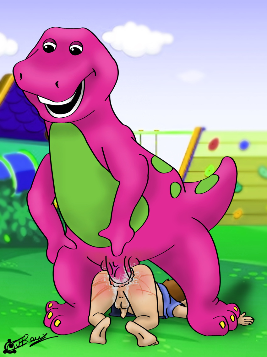 absurd_res anal anal_penetration andromorph anthro ass_up backsack balls barney_and_friends barney_the_dinosaur bodily_fluids bottomless bottomless_male cjaroux clothed clothing cum cum_in_ass cum_inside dinosaur dominant dominant_male duo faceless_character faceless_male genital_fluids genitals hi_res human humanoid_genitalia humanoid_penis intersex intersex/male male male/male mammal multicolored_body penetration penile penile_penetration penis penis_in_ass rear_view reptile reverse_penetration scalie spank_marks stepping_on_arm theropod trapped two_tone_body tyrannosaurid tyrannosaurus tyrannosaurus_rex vein veiny_penis