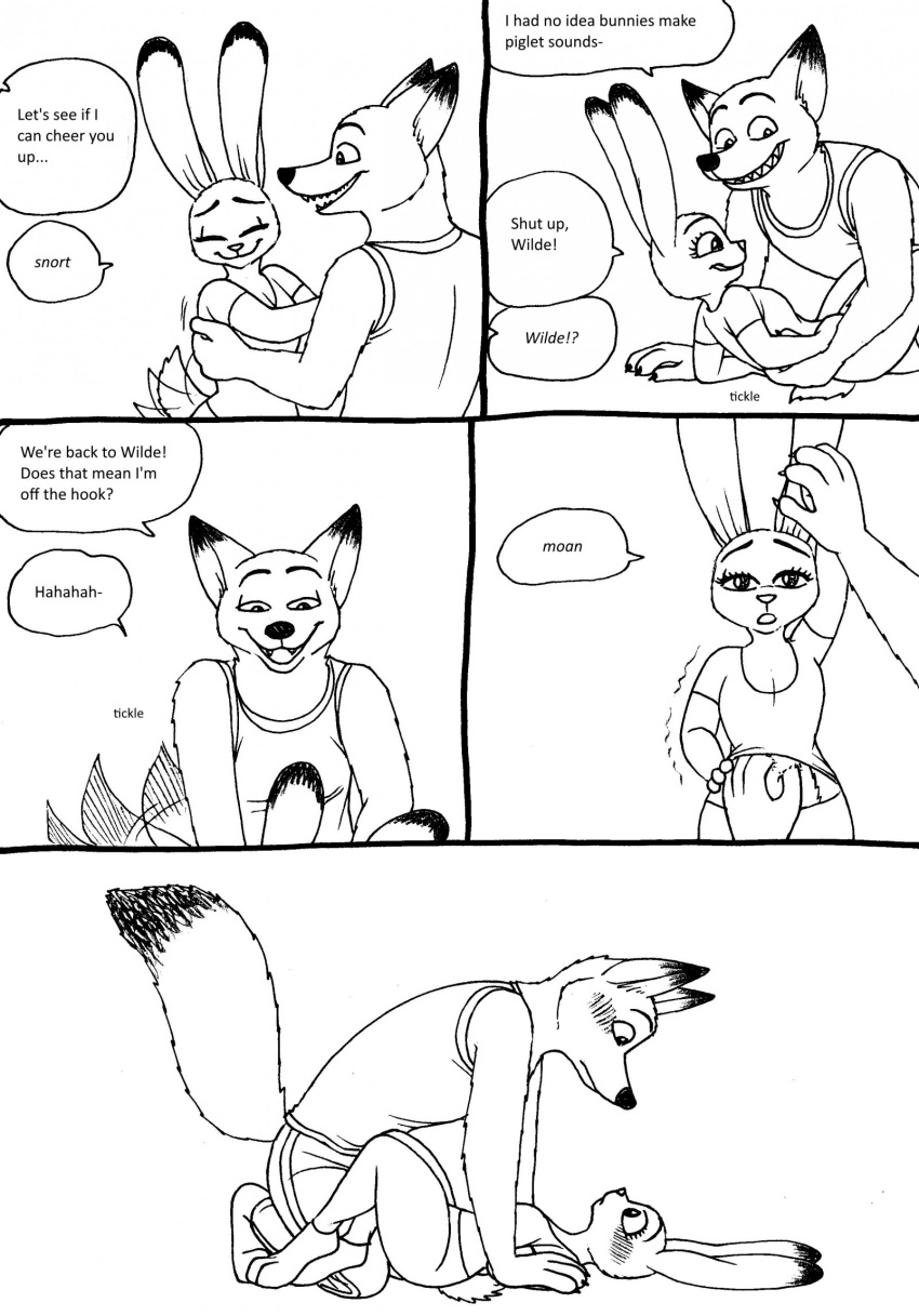 2023 4_toes 5_fingers anthro anthro_on_anthro awkward barefoot bernielover bernielover's_college_au blush bottomwear canid canine claws clothed clothing comic dialogue disney duo embrace english_text eyes_closed feet female finger_claws fingers fox fur grin hi_res hindpaw hug humanoid_hands judy_hopps lagomorph leporid male male/female mammal monochrome nick_wilde open_mouth open_smile pants paws rabbit red_fox shirt smile speech_bubble tail tail_motion tailwag tank_top teeth text toes topwear zootopia