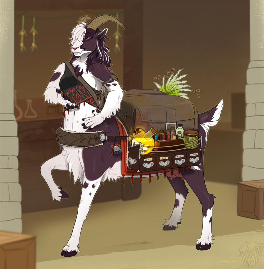 after_transformation bag bell bovid caprine female fingers goat heidi_(tabra) herbs hi_res hooved_fingers hooves horn mammal nipples pig_(artist) potion_bottle short_tail smile solo store tail taur taurification teats udders wooden_box