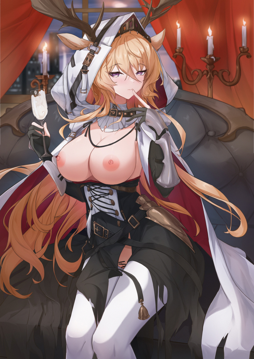 1girl absurdres animal_ears antlers antlers_through_hood arknights bar_censor black_dress blonde_hair blush breasts breasts_out candle cape censored cleavage couch crotch_cutout cum_in_container cum_in_cup cup deer_antlers deer_ears deer_girl dress ears_through_hood feet_out_of_frame finger_to_mouth fire gauntlets gloves half-closed_eyes highres holding holding_cup hood hood_up hooded_cape index_finger_raised indoors large_breasts long_hair looking_at_viewer night nipples on_couch partially_fingerless_gloves purple_eyes pussy red_curtains sitting sktre12 solo variant_set very_long_hair viviana_(arknights) white_cape window