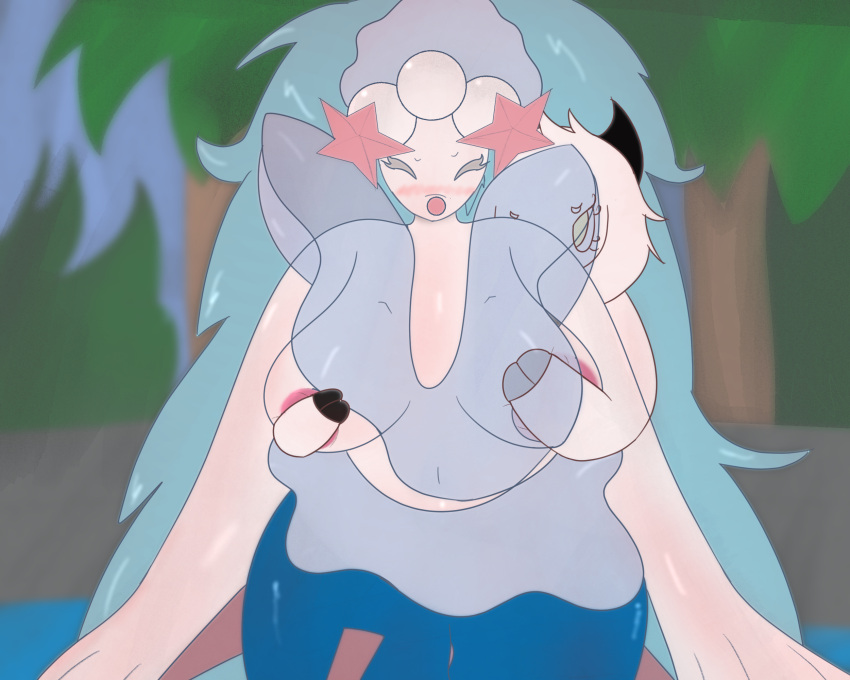 accessory animal_humanoid anthro anthro_on_anthro areola blue_hair blush bovid breast_grab breast_play breasts caprine duo eyes_closed female from_behind_position fur generation_7_pokemon genitals hair hair_accessory hand_on_breast hi_res humanoid male male/female mammal marine marine_humanoid miyang miyang_draws! nintendo pink_areola plant pokemon pokemon_(species) primarina pussy sex simple_background tree white_body white_fur
