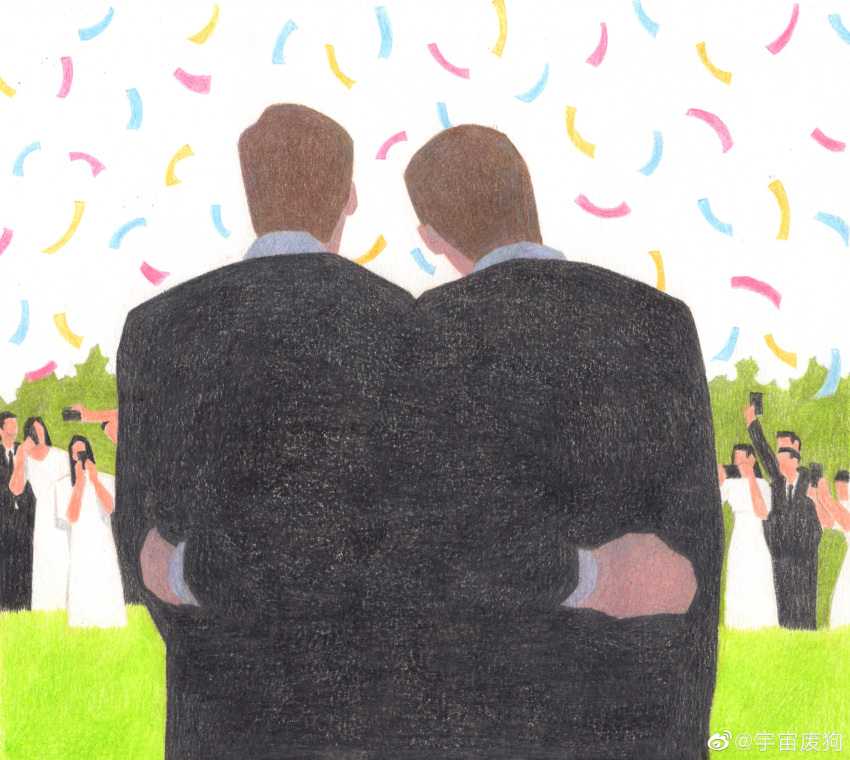 2boys absurdres bara black_suit confetti couple crowd dagou_(yuzhou_fei_gou) faceless faceless_female faceless_male feet_out_of_frame formal from_behind hand_on_another's_back highres husband_and_husband looking_away male_focus multiple_boys original painterly short_hair suit wedding yaoi