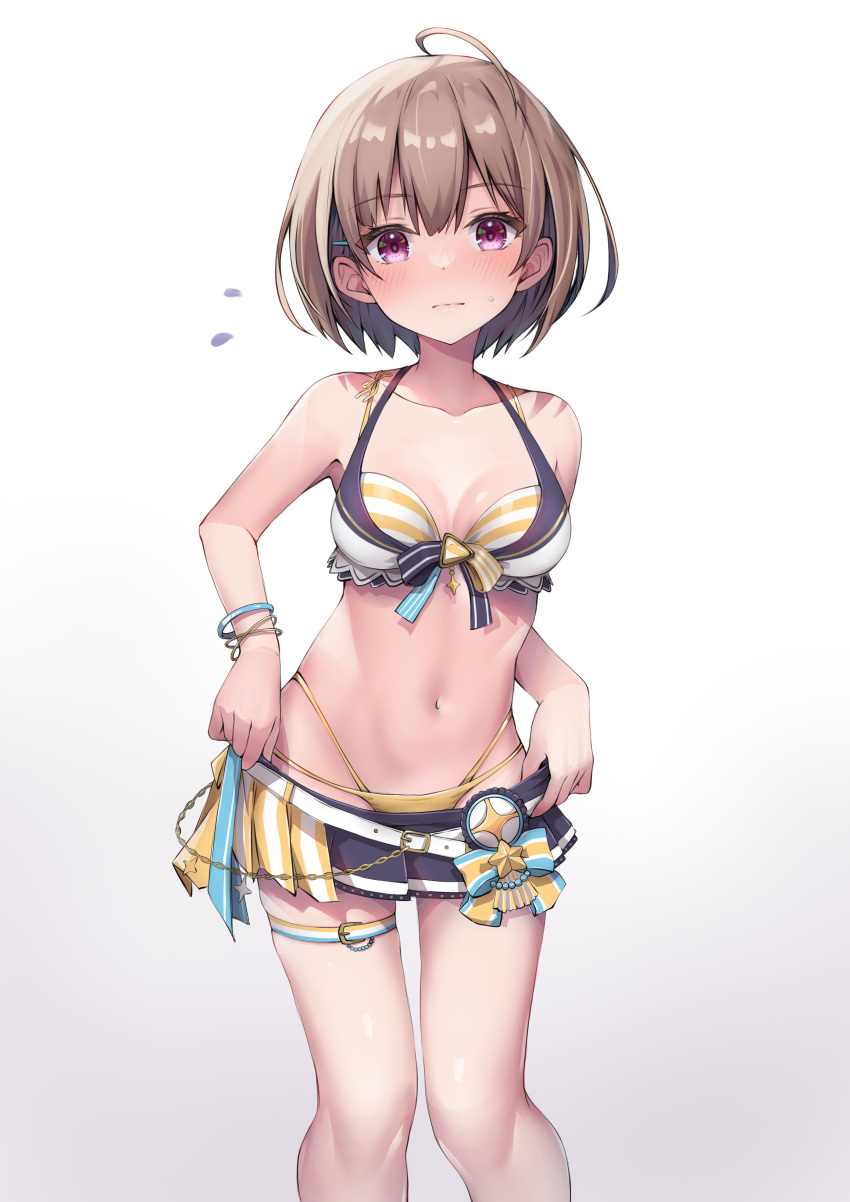 1girl absurdres ahoge bare_shoulders belt bikini bikini_skirt blue_skirt blush breasts brown_hair cleavage closed_mouth commentary dot_nose feet_out_of_frame flying_sweatdrops hair_ornament hairclip halterneck harusaki_nodoka high-waist_bikini highleg highleg_bikini highres hololive hololive_summer_2023_swimsuit ist_lei_mikan layered_bikini looking_at_viewer medium_breasts navel official_alternate_costume pink_eyes short_hair simple_background skirt solo standing stomach striped striped_bikini sweatdrop swimsuit symbol-only_commentary thigh_belt thigh_strap virtual_youtuber white_background white_belt yellow_bikini