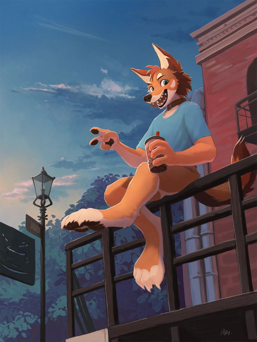 2023 4_fingers 4_toes anthro awwchang barefoot beverage bottomless bottomless_anthro bottomless_male bubble_tea canid canine canis claws clothed clothing digital_media_(artwork) domestic_dog feet fingers fur gesture hair happy hi_res kemono looking_at_viewer low-angle_view male male_anthro mammal multicolored_body multicolored_fur pawpads paws shirt solo t-shirt toe_claws toes topwear v_sign