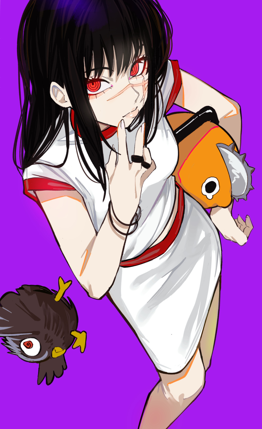 1girl absurdres bird black_hair bracelet chainsaw chainsaw_man hand_on_own_face hand_on_own_hip highres jewelry looking_at_viewer pochita_(chainsaw_man) red_eyes ringed_eyes sailen0 scar scar_on_face shirt skirt war_devil_(chainsaw_man) white_shirt white_skirt yoru_(chainsaw_man)