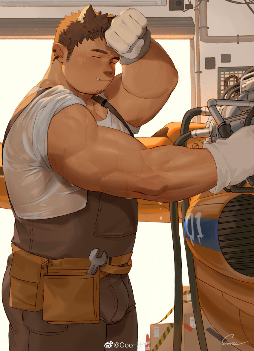 1boy absurdres animal_ears bara belly brown_hair bulge carton dark-skinned_male dark_skin facial_hair fang fang_out feet_out_of_frame gloves goatee goo_(koushishikou11) highres large_pectorals leather long_sideburns male_focus mechanic muscular muscular_male original overalls pectoral_cleavage pectorals plump see-through shirt short_hair sideburns solo standing stubble sweat thick_thighs thighs tied_sleeves wet wet_clothes wet_shirt white_gloves wiping_sweat wrench