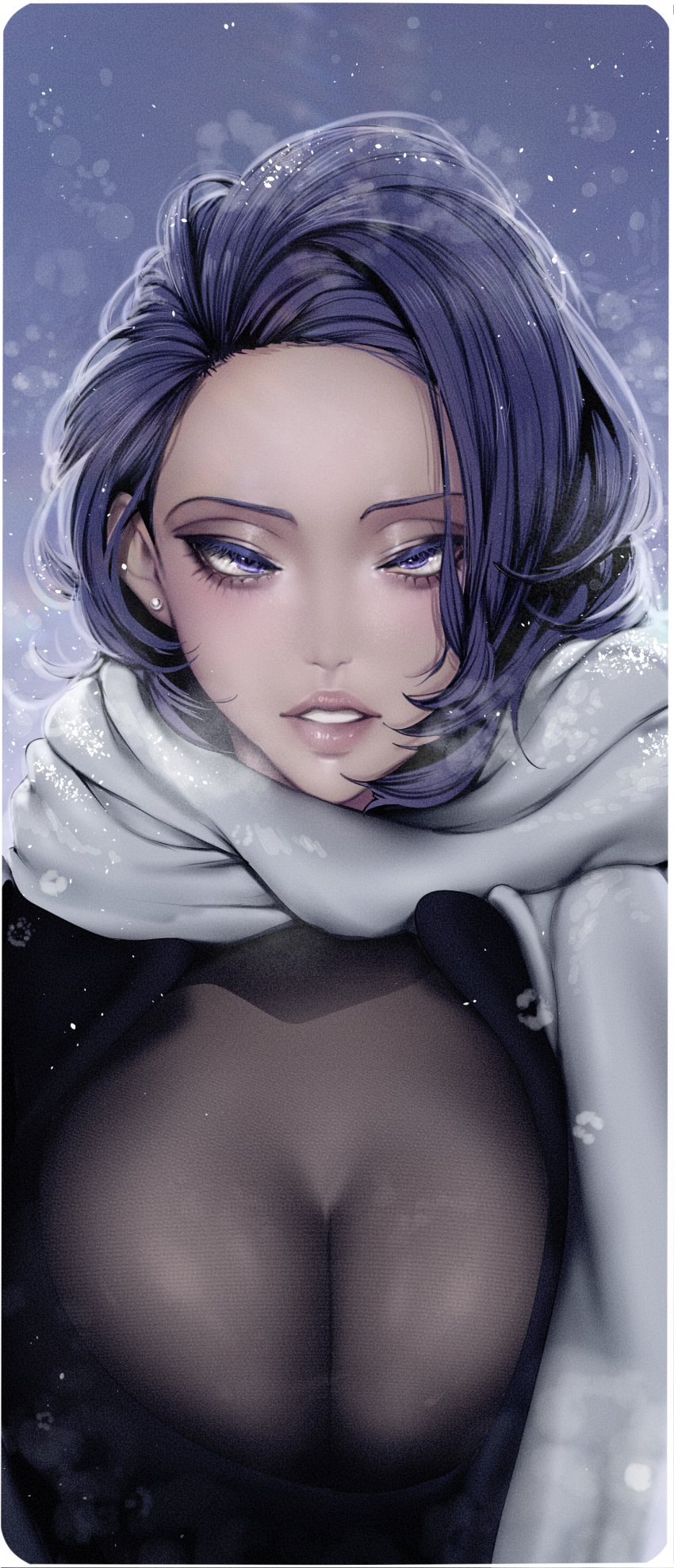 1girl absurdres black_dress border brave_new_world breasts cleavage dress earrings highres jewelry large_breasts looking_at_viewer medium_hair parted_lips purple_eyes purple_hair scarf see-through snow solo white_border white_scarf yoongonji