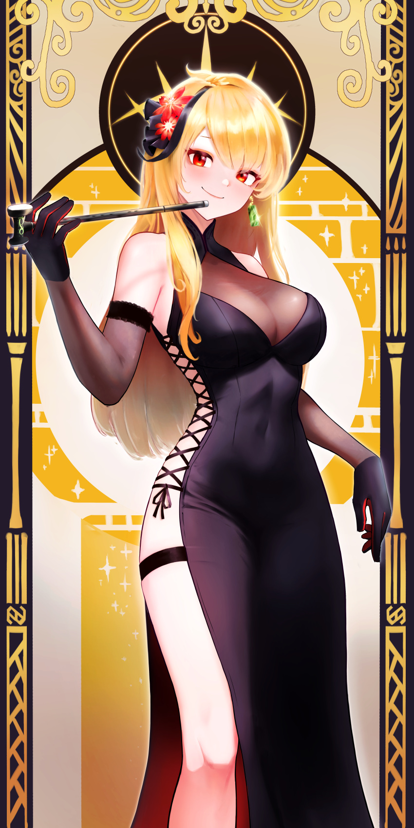 1girl absurdres alternate_costume black_dress black_gloves blonde_hair breasts covered_navel dress earrings elbow_gloves flower gloves hair_flower hair_ornament highres hololive hololive_indonesia jewelry kaela_kovalskia large_breasts long_hair radi_(pixiv_88192217) red_eyes see-through_cleavage sideless_outfit single_earring smile thigh_strap virtual_youtuber