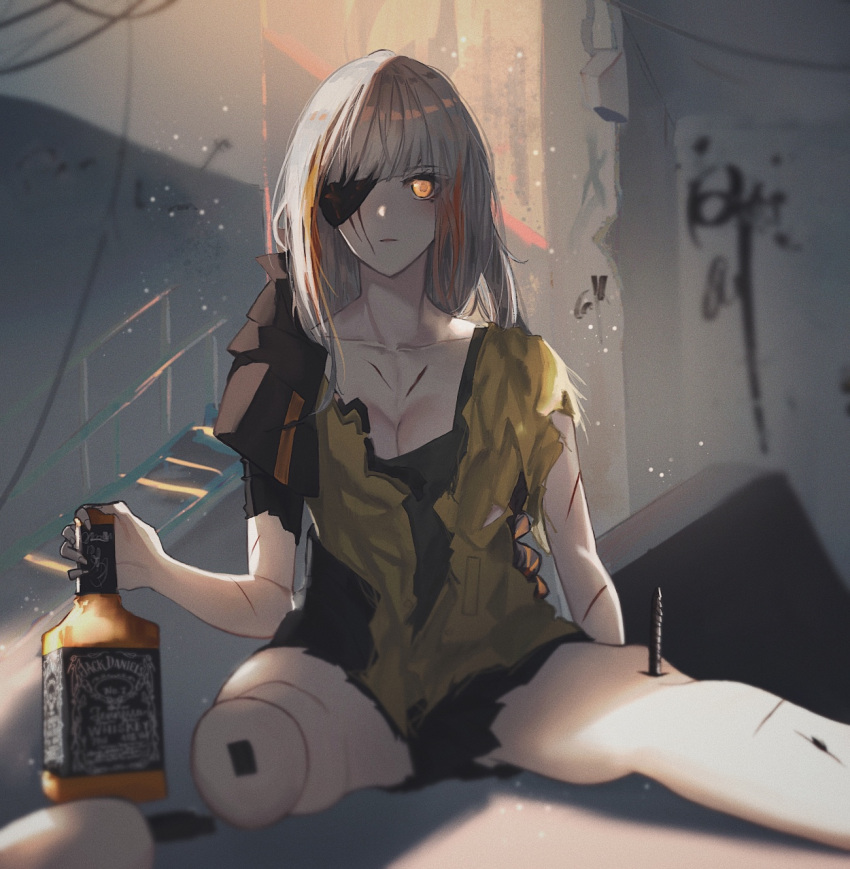 alcohol ankodesoy bottle breasts cleavage collarbone damaged expressionless eyepatch girls'_frontline highres holding holding_bottle indoors injury jack_daniel's joints long_hair looking_at_viewer m16a1_(boss)_(girls'_frontline) m16a1_(girls'_frontline) multicolored_hair pleated_skirt robot_joints scar scar_on_face severed_limb sitting skirt spread_legs torn_clothes whiskey white_hair yellow_eyes