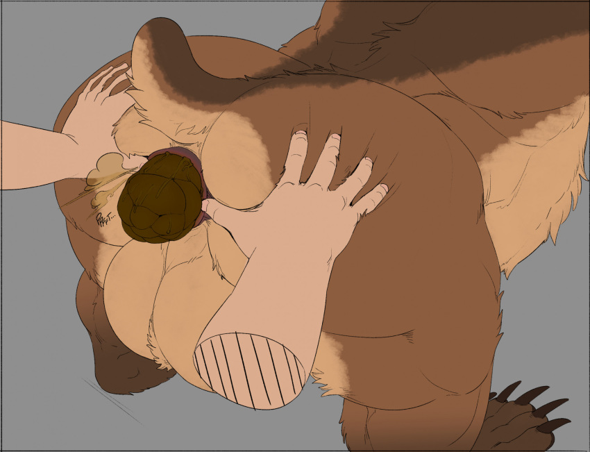 aetherxov anthro anus ball_tuft balls bear bent_over big_balls biped brown_bear butt disembodied_hand fart fart_cloud feces feces_in_ass fur gaping gaping_anus genitals grizzly_bear hair hand_on_butt hi_res huge_balls kuruk_(character) male mammal mane mane_hair nude paws plantigrade pooping presenting presenting_anus presenting_balls presenting_hindquarters puffy_anus raised_tail rear_view scat spread_butt spreading tail third-party_edit tuft ursine