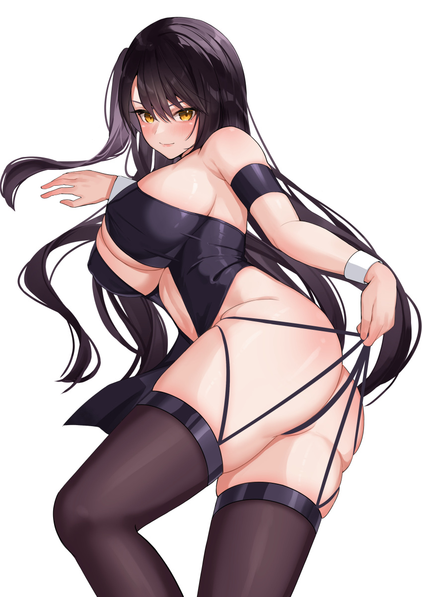 1girl absurdres arm_strap azur_lane bare_hips blush breasts brown_hair criss-cross_halter halterneck highres large_breasts long_hair looking_at_viewer lying marumai official_alternate_costume panties panty_pull race_queen smile solo underwear very_long_hair white_background wrist_cuffs yellow_eyes zuikaku_(azur_lane) zuikaku_(the_wind's_true_name)_(azur_lane)