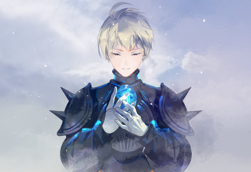 1boy ahoge armor blonde_hair cofffee final_fantasy final_fantasy_tactics gloves hand_on_own_chest male_focus nose ramza_beoulve short_hair solo yellow_eyes