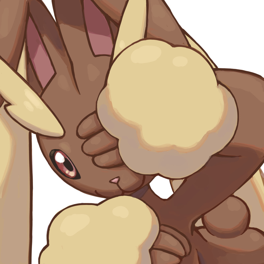 1girl :3 absurdres animal_ears animal_nose arm_up black_sclera body_fur brown_fur closed_mouth colored_sclera commentary_request covering_one_eye furry furry_female hand_up happy highres korean_commentary leaning_forward looking_at_viewer lopunny mixed-language_commentary pointy_ears pokemon pokemon_(creature) rabbit_ears rabbit_girl rabbit_tail raid_(donghyeok) red_eyes smile solo standing tail two-tone_fur upper_body yellow_fur