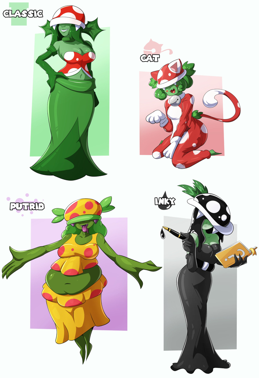 absurd_res breasts cleavage clothed clothing elemental_creature elemental_humanoid fangs female flora_fauna green_body group hat headgear headwear hi_res hidden_eyes humanoid mario_bros navel nintendo open_mouth overweight overweight_female overweight_humanoid piranha_plant plant plant_humanoid smile teeth text tongue tongue_out veryfilthything