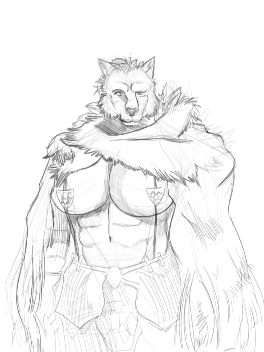 abs absurd_res anthro big_breasts blaidd_(elden_ring) breasts canid canine canis cape clothed clothing convenient_censorship crossgender droopy_eyes elden_ring female fromsoftware fur_cape hi_res mammal mtf_crossgender muscular muscular_female nobodyshouse solo suspenders topless topless_female wolf